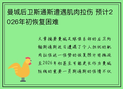 曼城后卫斯通斯遭遇肌肉拉伤 预计2026年初恢复困难